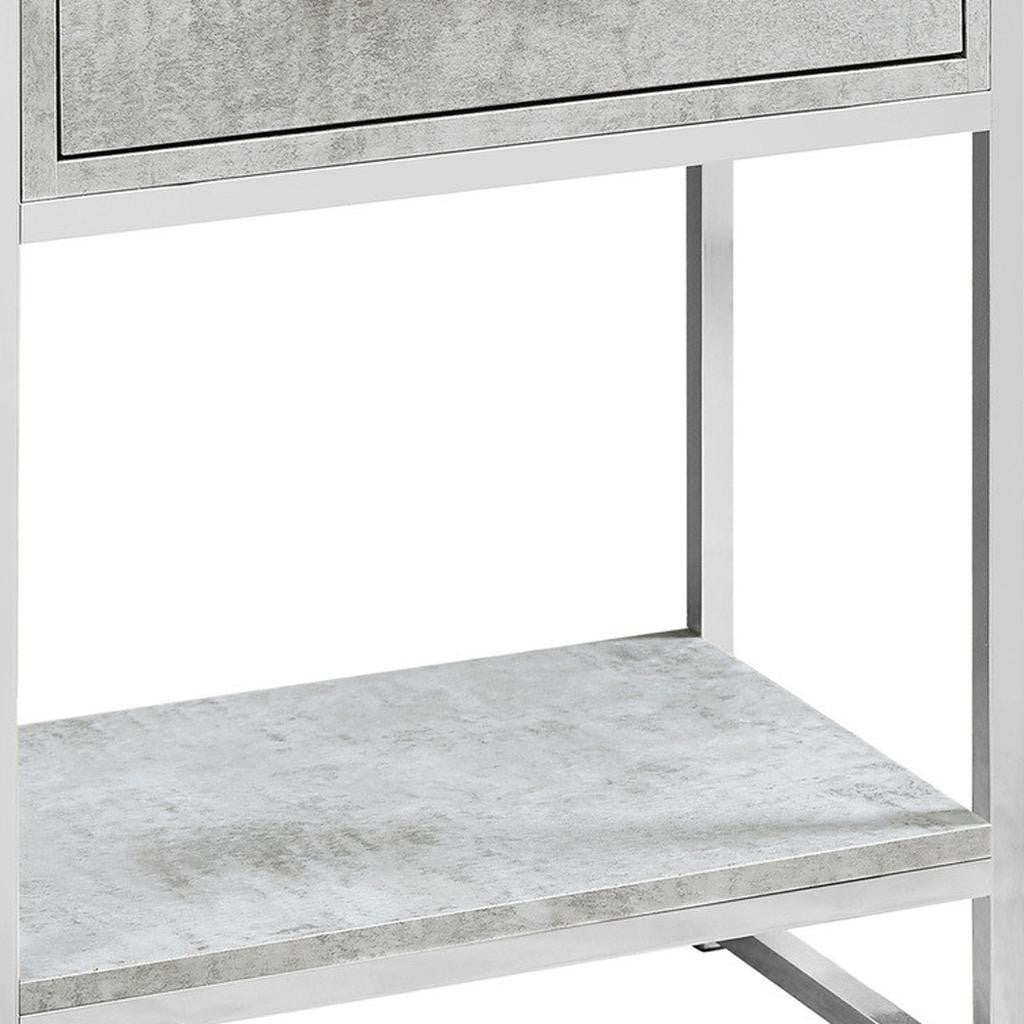 24" Silver And Gray Wood And Metal End Table With Drawer And Shelf