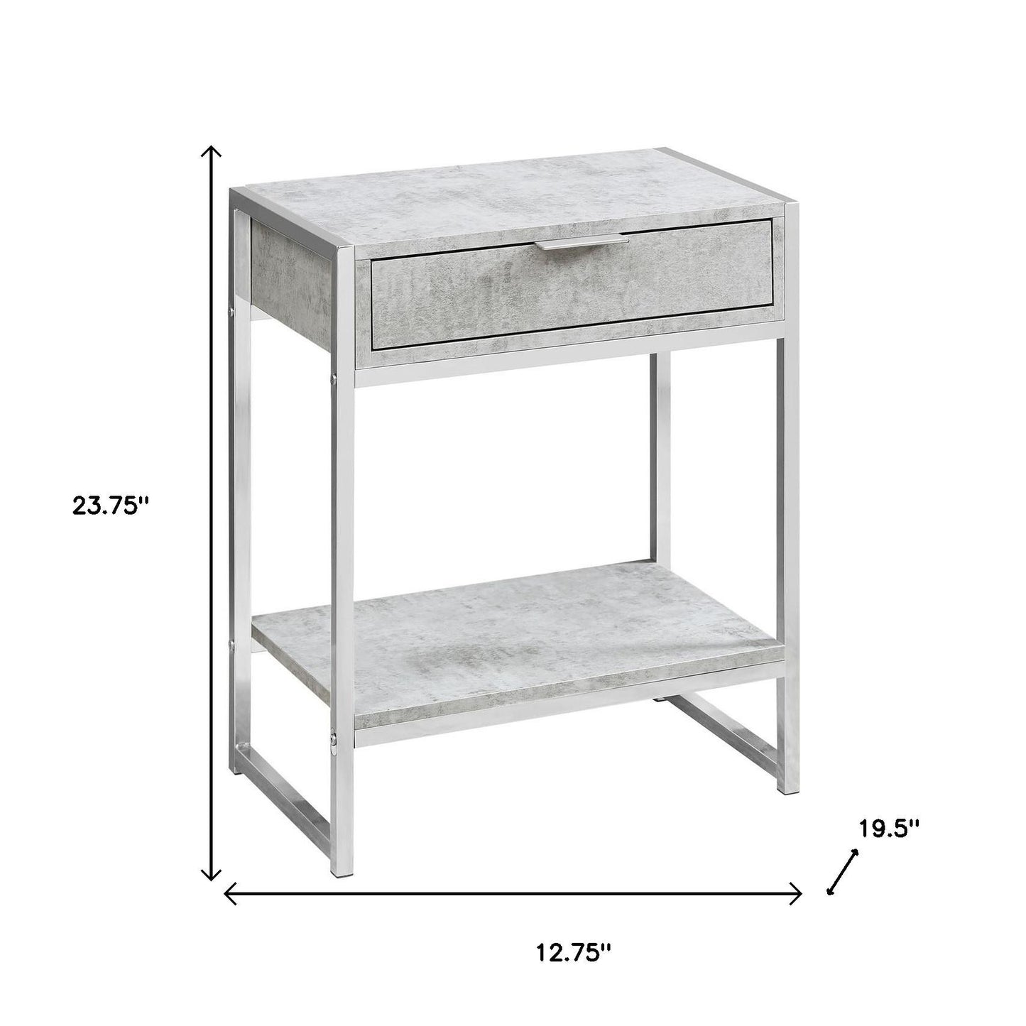 24" Silver And Gray Wood And Metal End Table With Drawer And Shelf