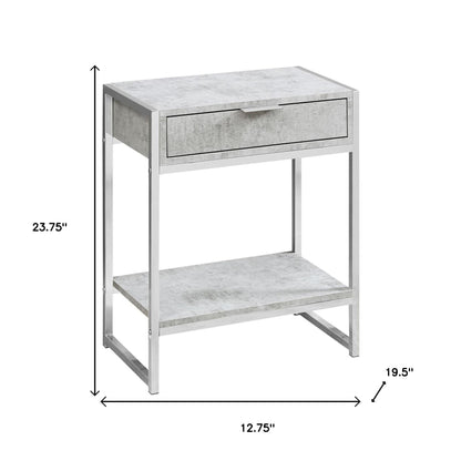 24" Silver And Gray Wood And Metal End Table With Drawer And Shelf