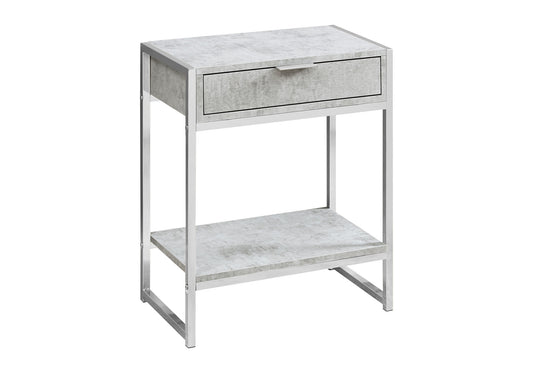 24" Silver And Gray Wood And Metal End Table With Drawer And Shelf