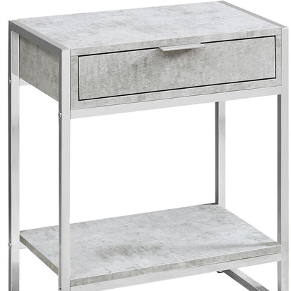 24" Silver And Gray Wood And Metal End Table With Drawer And Shelf