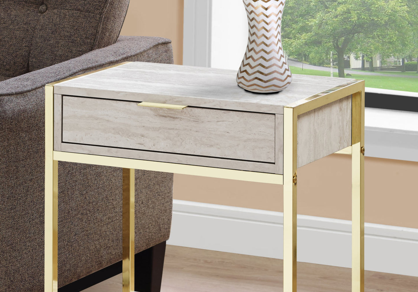 24" Gold And Beige Wood And Metal End Table With Drawer And Shelf