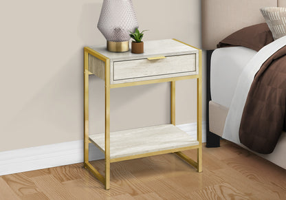 24" Gold And Beige Wood And Metal End Table With Drawer And Shelf