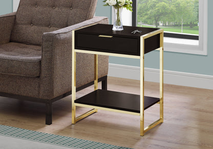 24" Gold And Dark Brown Wood And Metal End Table With Drawer And Shelf