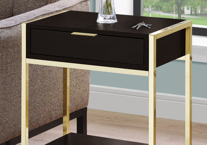 24" Gold And Dark Brown Wood And Metal End Table With Drawer And Shelf