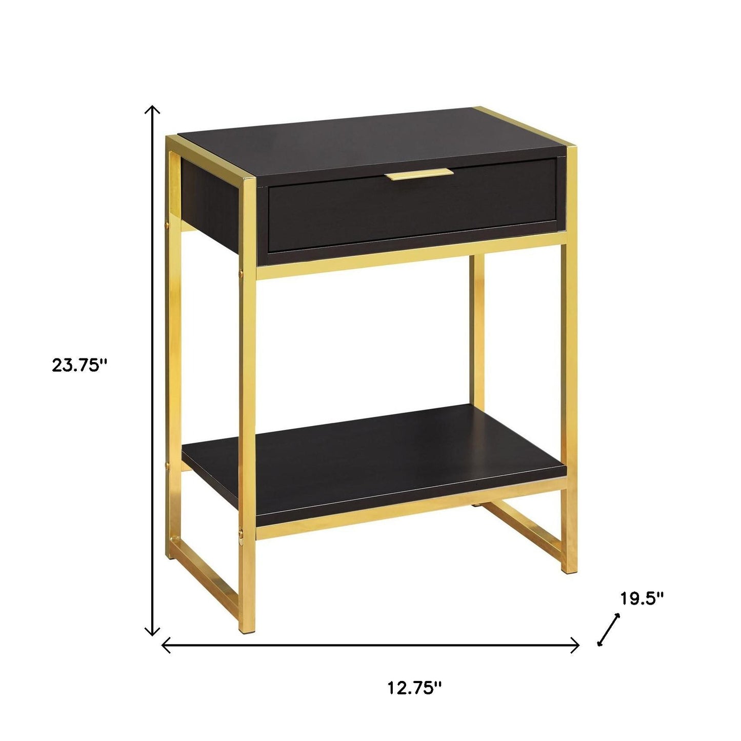24" Gold And Dark Brown Wood And Metal End Table With Drawer And Shelf