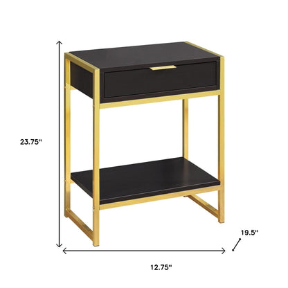24" Gold And Dark Brown Wood And Metal End Table With Drawer And Shelf