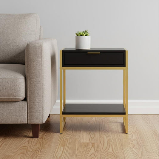 24" Gold And Dark Brown Wood And Metal End Table With Drawer And Shelf