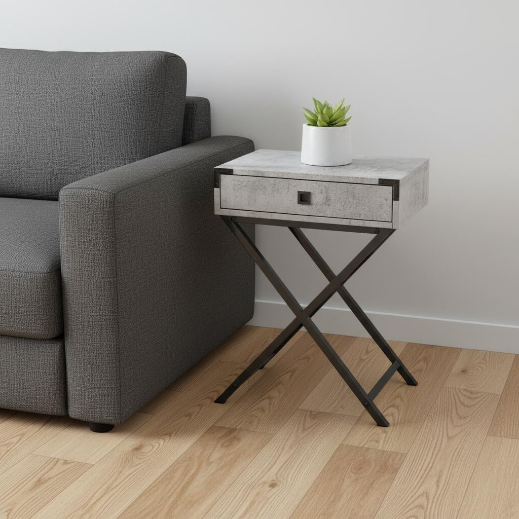 24" Black And Gray Wood And Metal End Table With Drawer