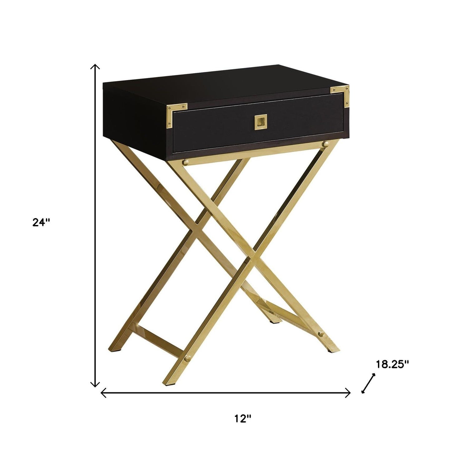 24" Gold And Dark Brown Wood And Metal End Table With Drawer