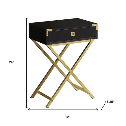24" Gold And Dark Brown Wood And Metal End Table With Drawer