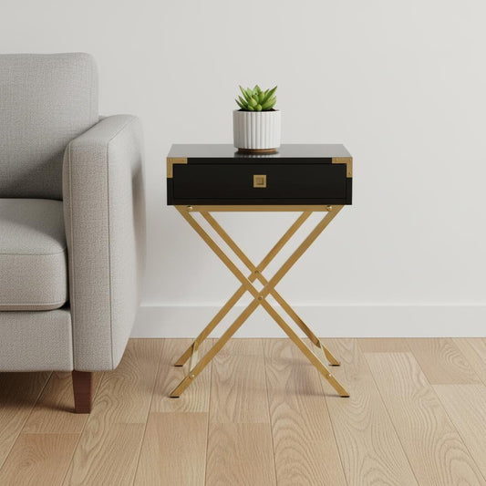 24" Gold And Dark Brown Wood And Metal End Table With Drawer