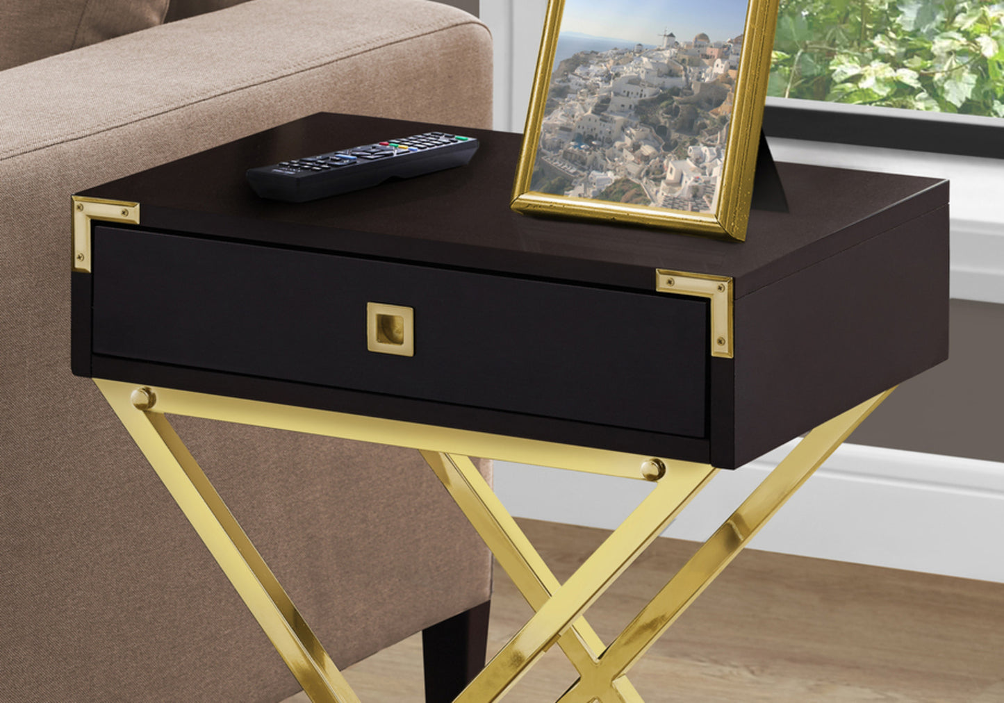 24" Gold And Dark Brown Wood And Metal End Table With Drawer