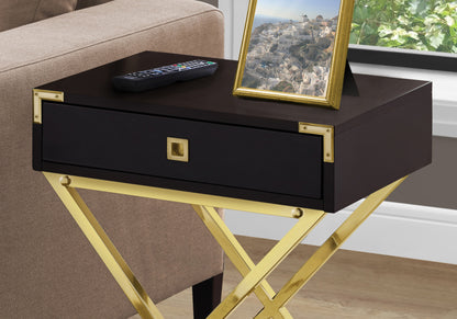24" Gold And Dark Brown Wood And Metal End Table With Drawer