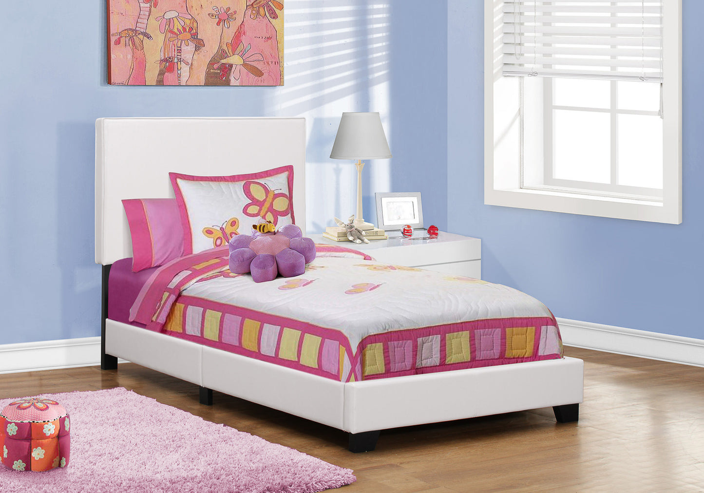 White Solid Wood Twin Upholstered Faux Leather Bed Frame