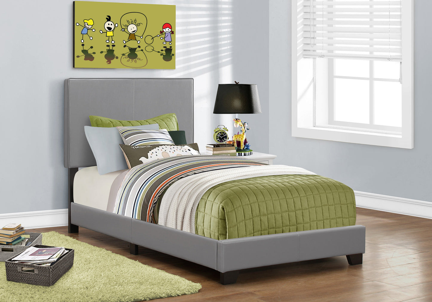 Solid Wood Twin Gray Upholstered Faux Leather Bed