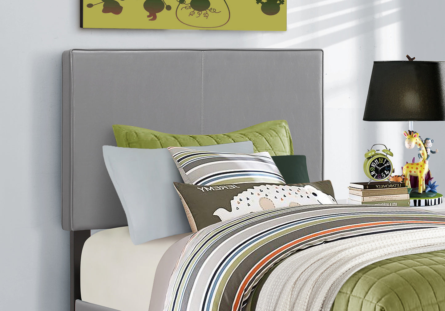Solid Wood Twin Gray Upholstered Faux Leather Bed