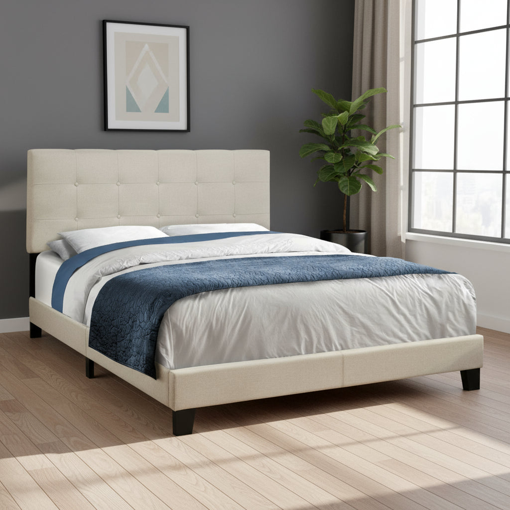 Beige Queen Upholstered Bed Frame