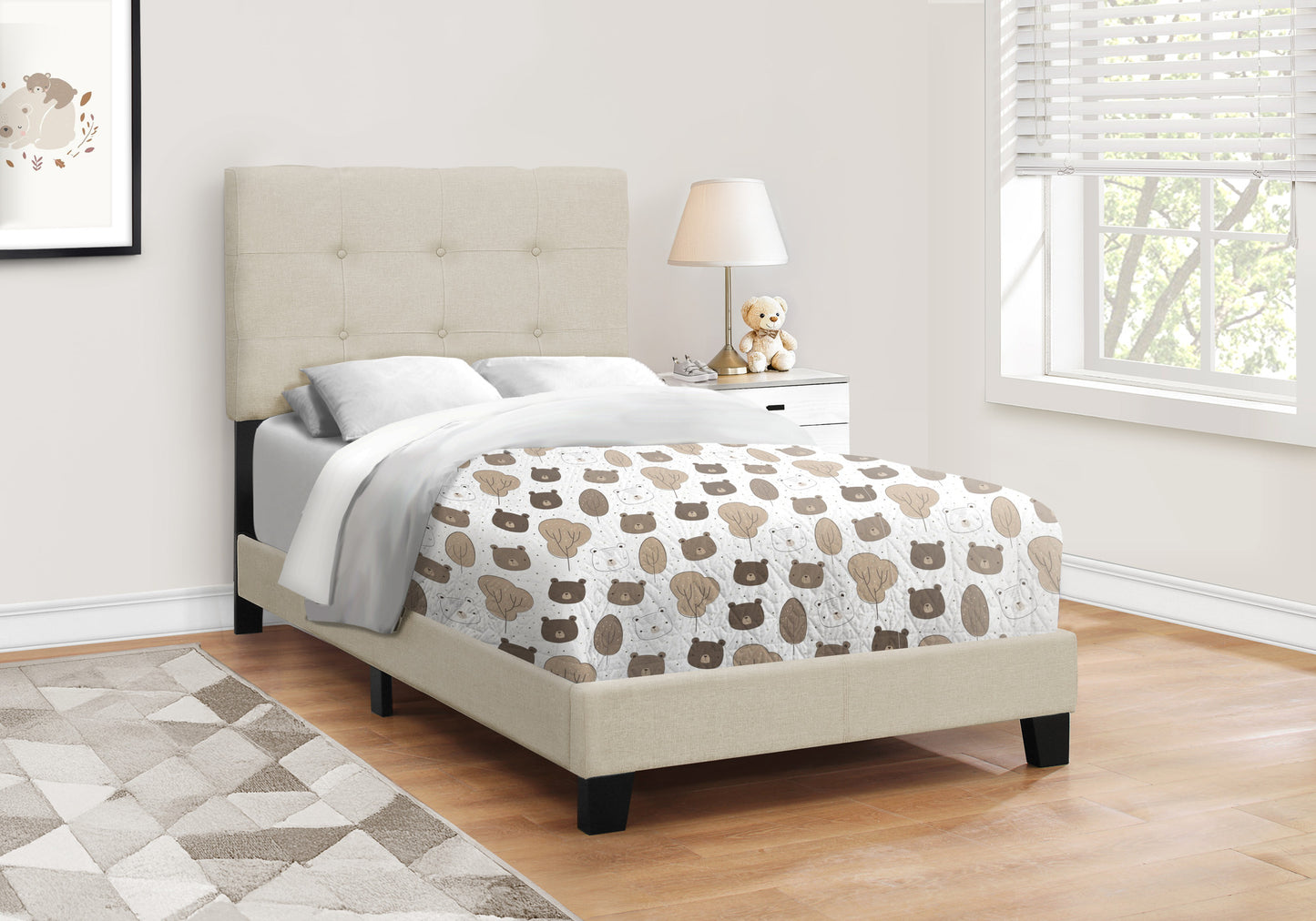 Beige Twin Tufted Upholstered Linen Bed Frame with Nailhead Trim