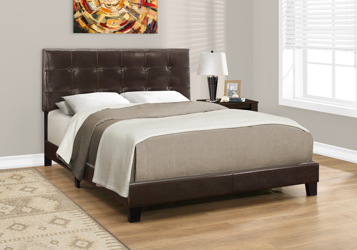 Dark Brown Solid Wood Queen Tufted Upholstered Linen Bed Frame with Nailhead Trim