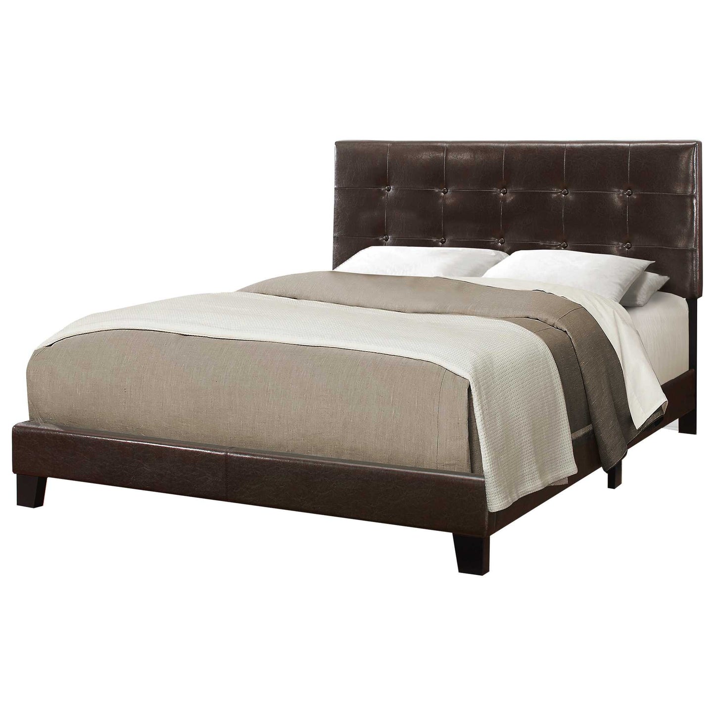 Dark Brown Solid Wood Queen Tufted Upholstered Linen Bed Frame with Nailhead Trim