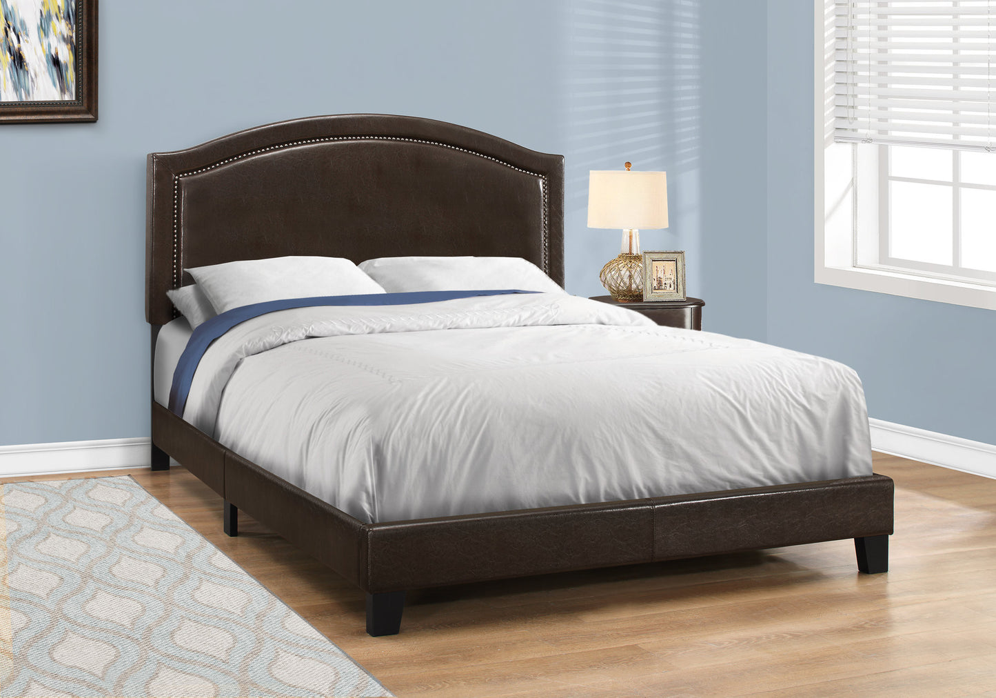 Brown Solid Wood Queen Upholstered Linen Bed Frame with Nailhead Trim