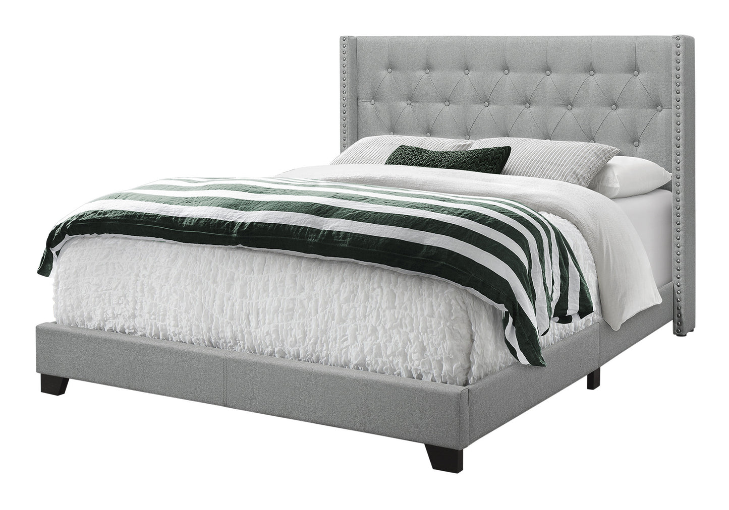 Gray Solid Wood And Tufted Linen Queen Bed Frame with Nailhead Trim
