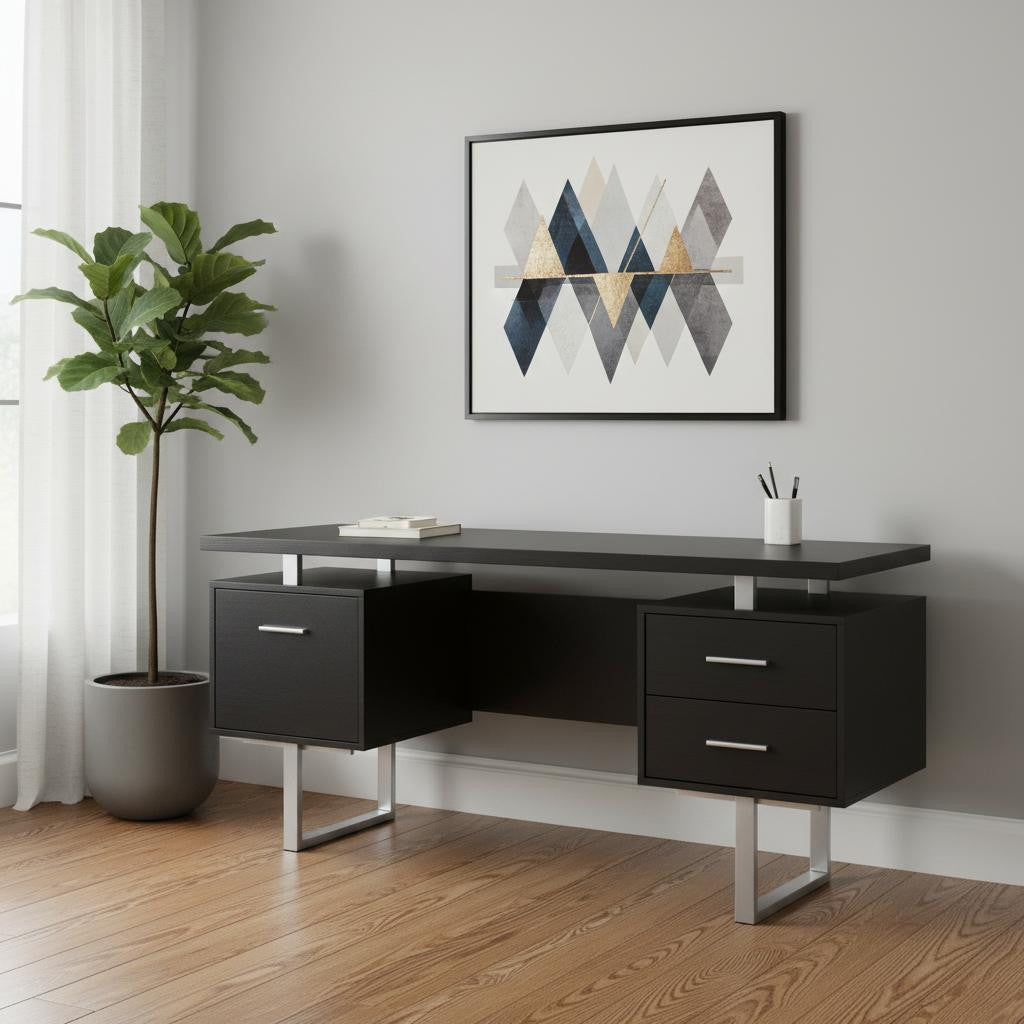 24" Black and Silver Computer Desk With Three Drawers