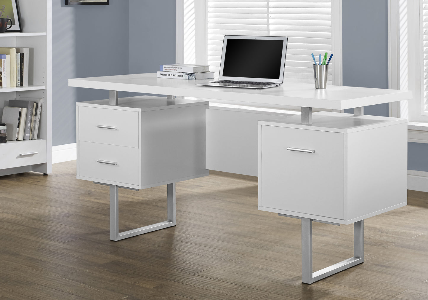 24" White and Silver Computer Desk With Three Drawers