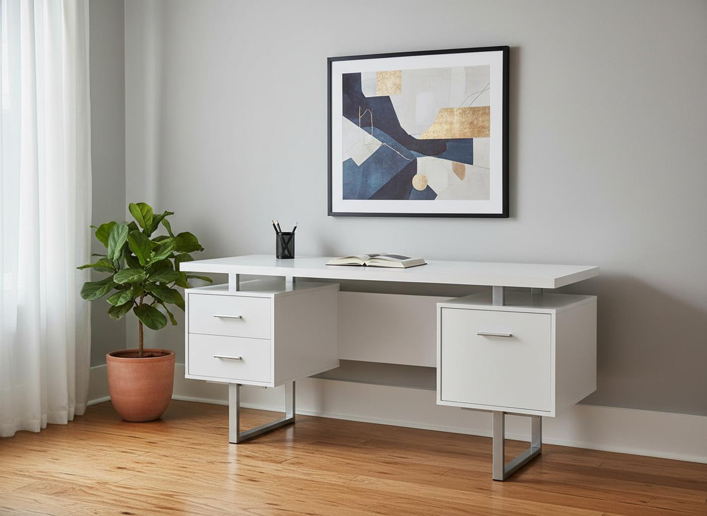 24" White and Silver Computer Desk With Three Drawers