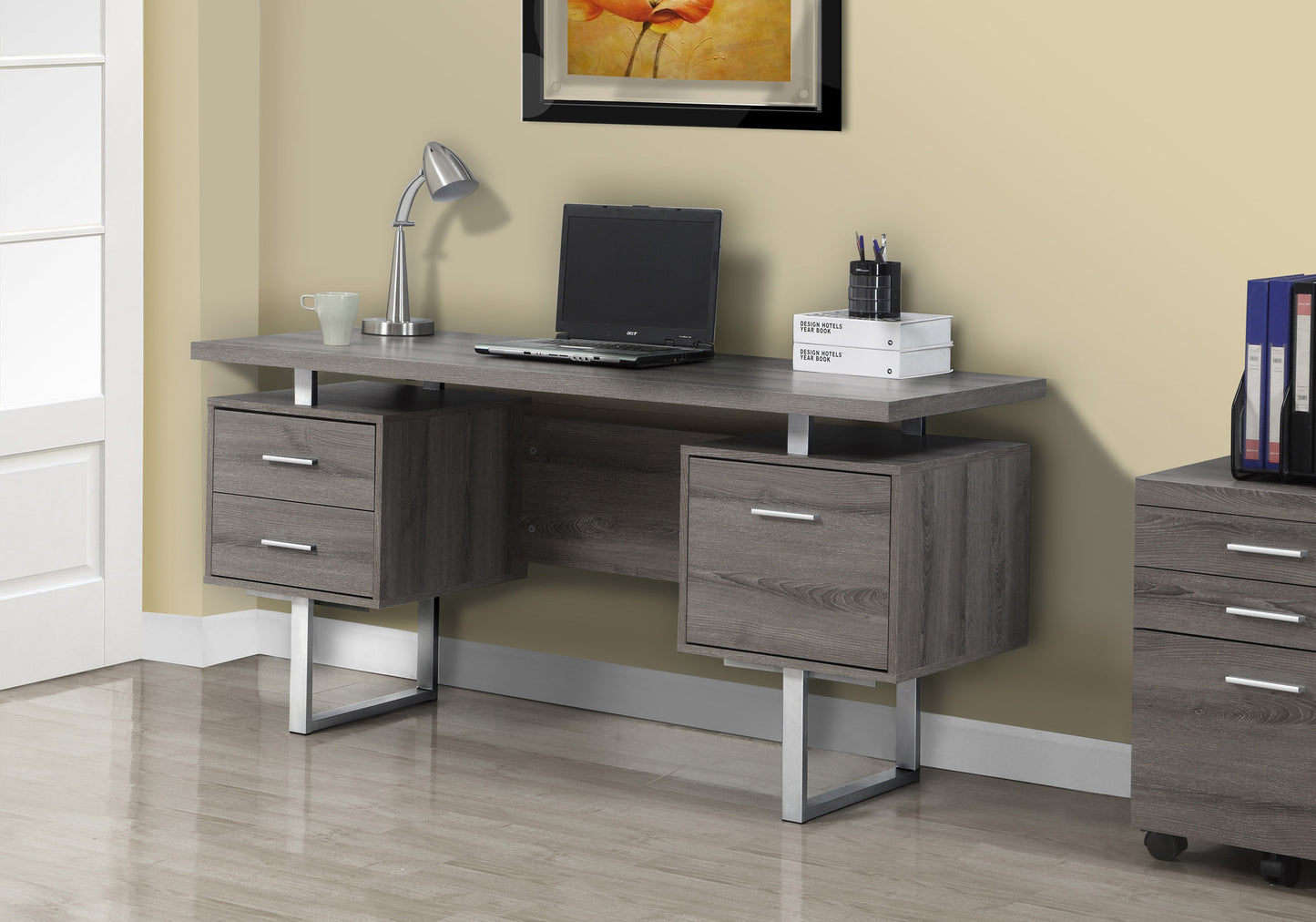 24" Taupe and Silver Computer Desk With Three Drawers