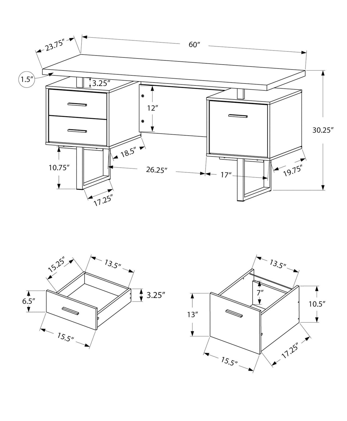 24" Taupe and Silver Computer Desk With Three Drawers