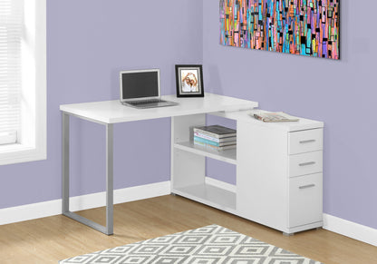 47" White and Silver L Shape Computer Desk With Three Drawers
