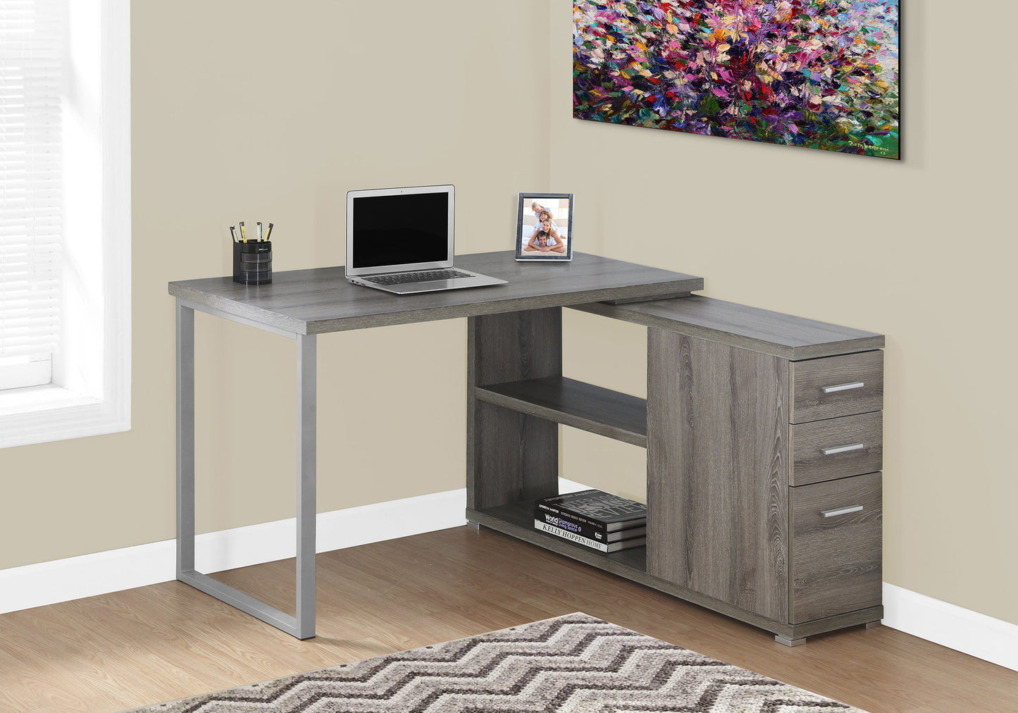 47" Taupe and Silver L Shape Computer Desk With Three Drawers