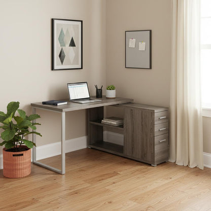 47" Taupe and Silver L Shape Computer Desk With Three Drawers
