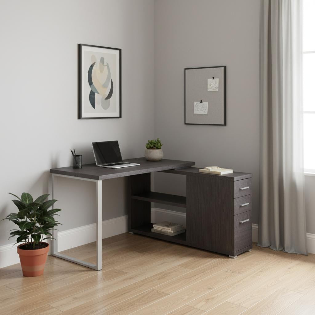 47" Gray and Silver L Shape Computer Desk With Three Drawers