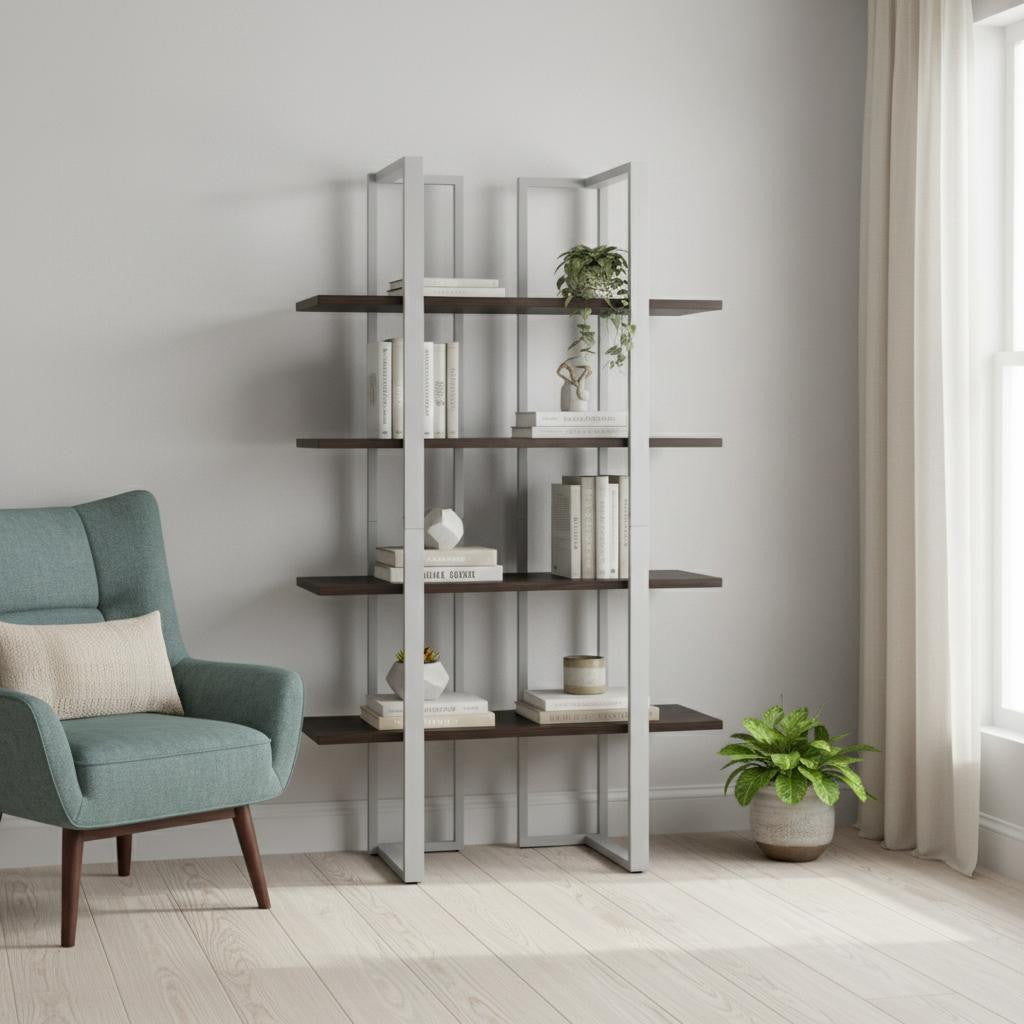 Espresso Metal Four Tier Bookcase