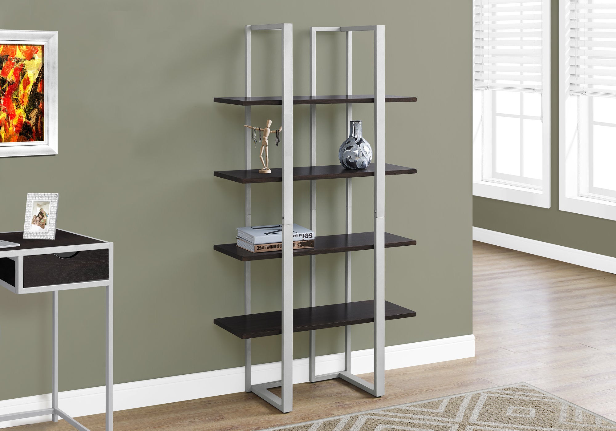 Espresso Metal Four Tier Bookcase