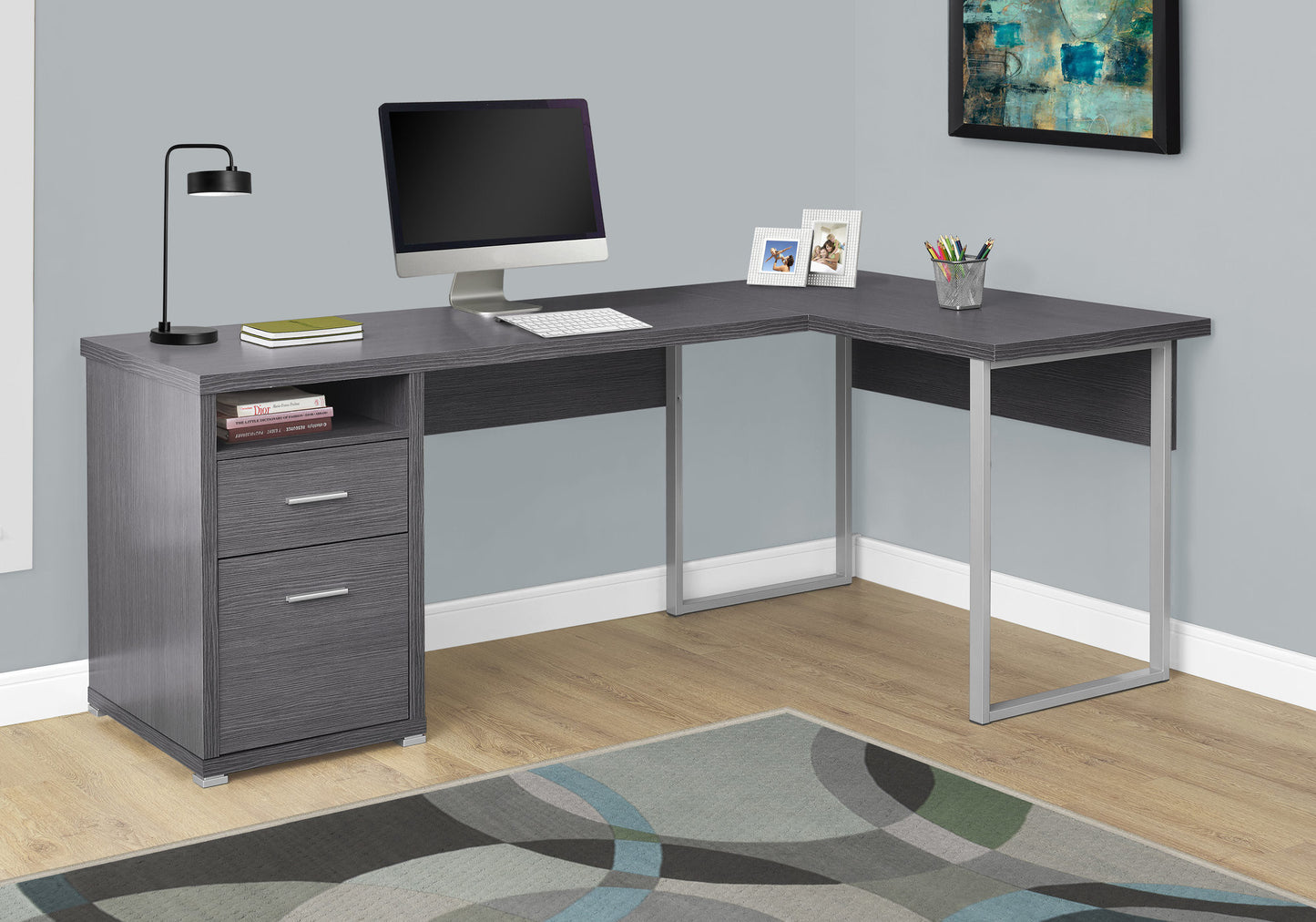 47" Gray and Silver L Shape Computer Desk With Two Drawers