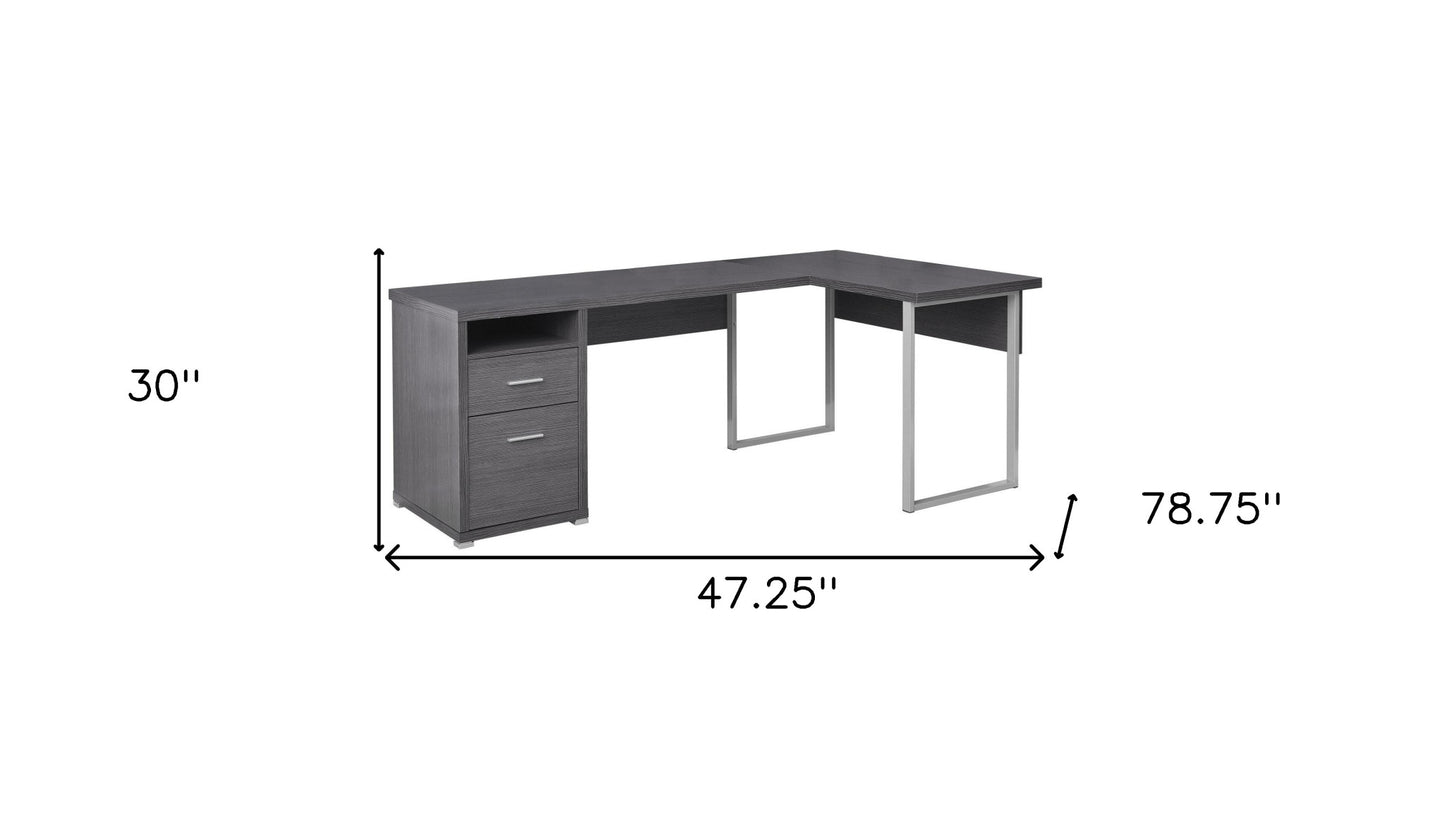 47" Gray and Silver L Shape Computer Desk With Two Drawers