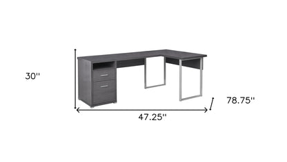 47" Gray and Silver L Shape Computer Desk With Two Drawers