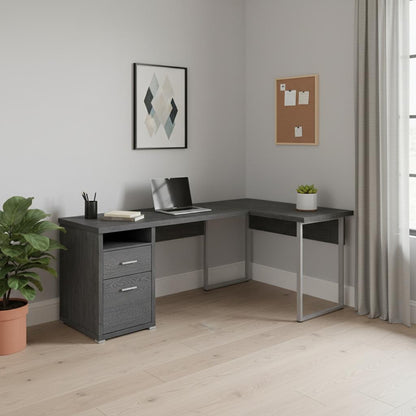 47" Gray and Silver L Shape Computer Desk With Two Drawers