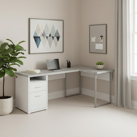 47" Gray and Silver L Shape Computer Desk With Two Drawers