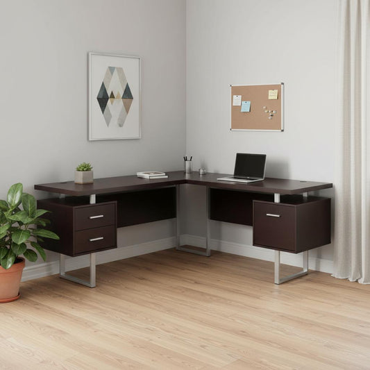 71" Brown and Silver L Shape Computer Desk With Three Drawers