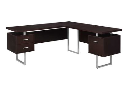 71" Brown and Silver L Shape Computer Desk With Three Drawers
