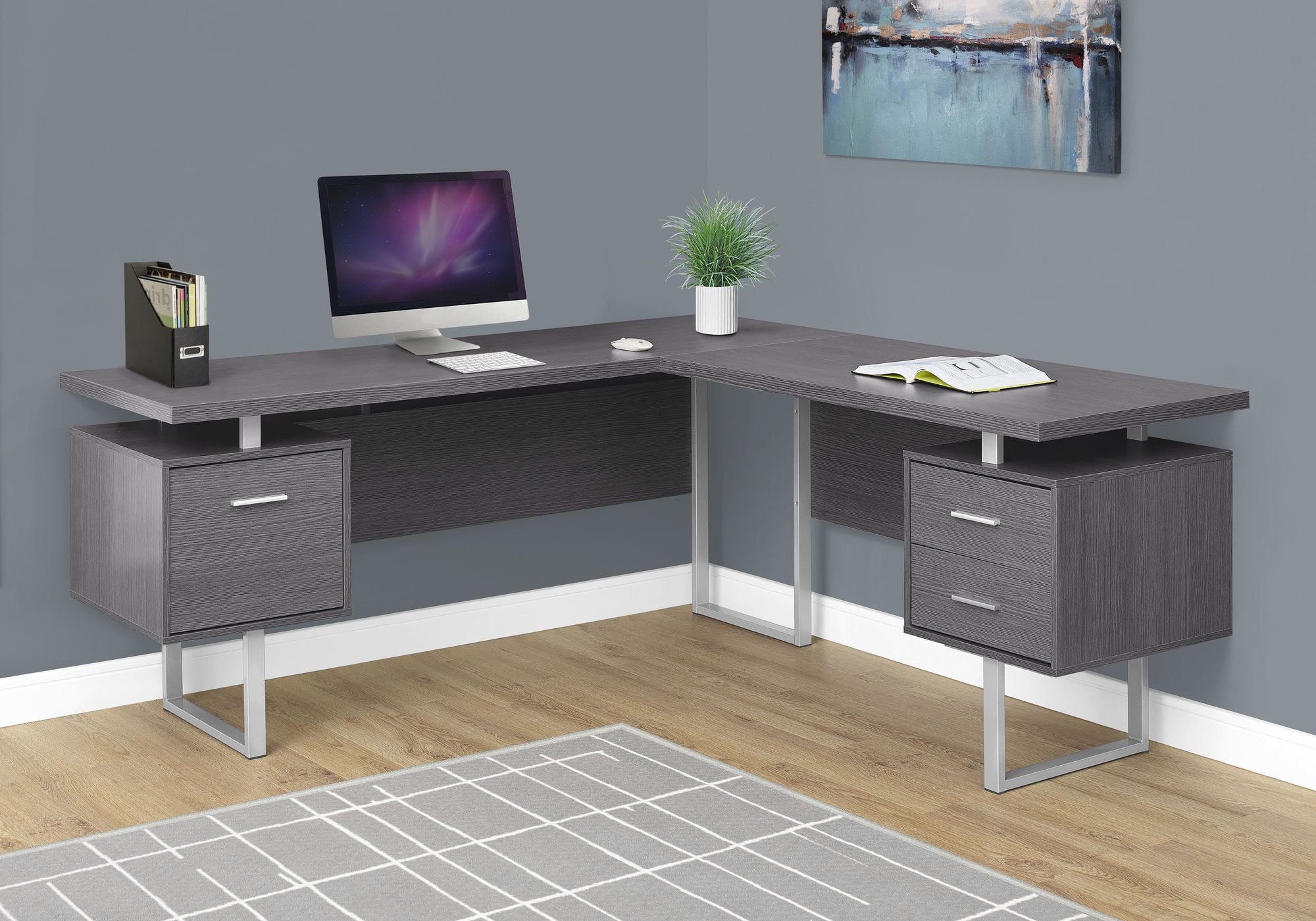 71" Gray and Silver L Shape Computer Desk With Three Drawers