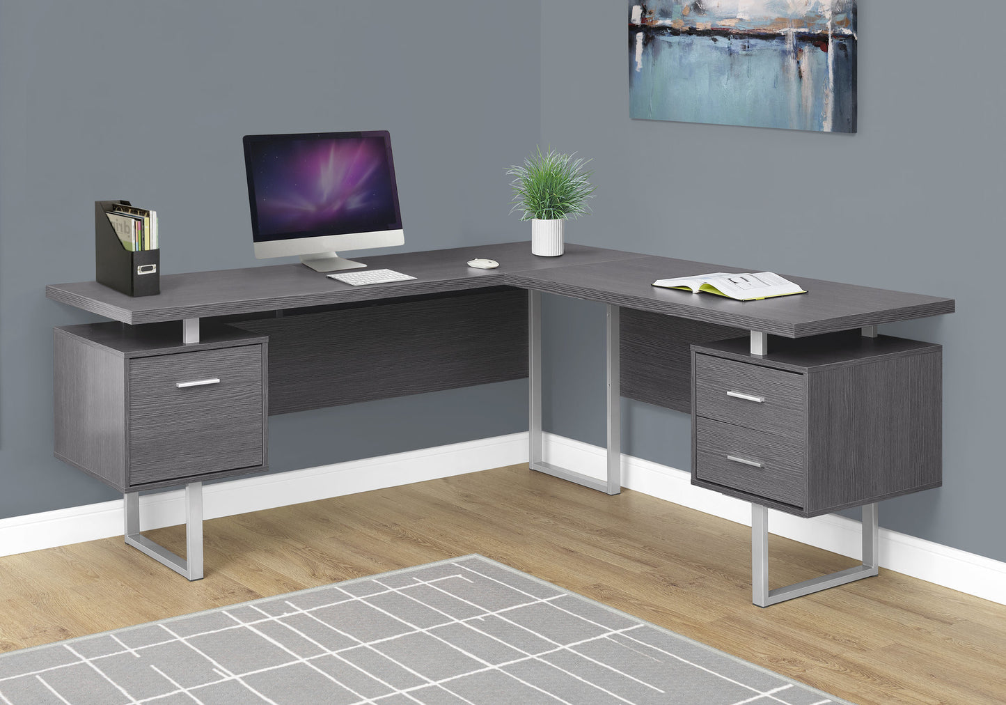 71" Gray and Silver L Shape Computer Desk With Three Drawers