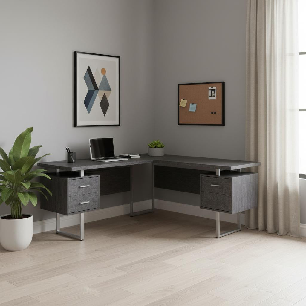 71" Gray and Silver L Shape Computer Desk With Three Drawers