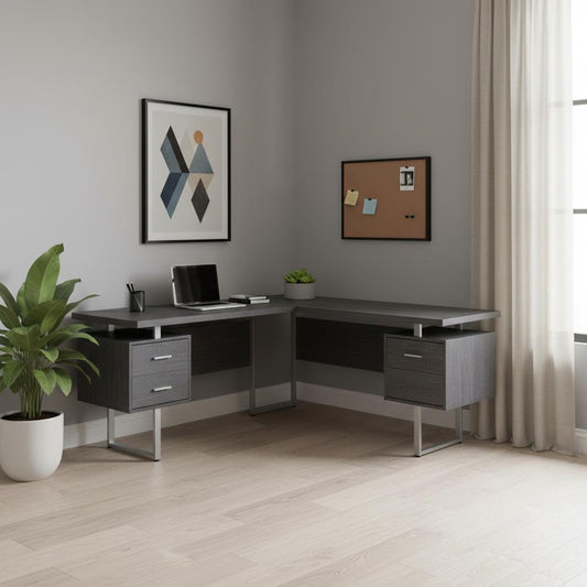 71" Gray and Silver L Shape Computer Desk With Three Drawers
