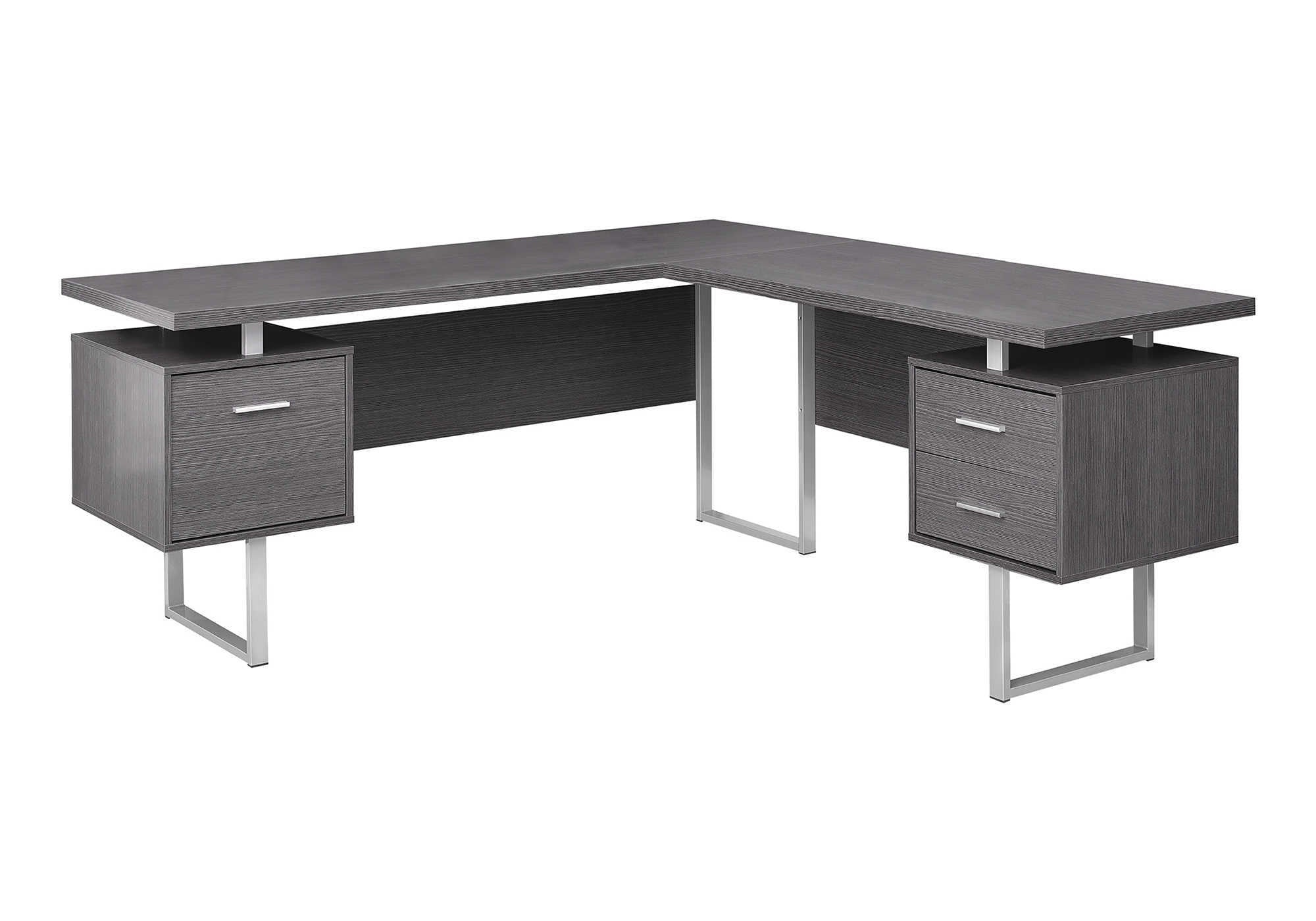 71" Gray and Silver L Shape Computer Desk With Three Drawers